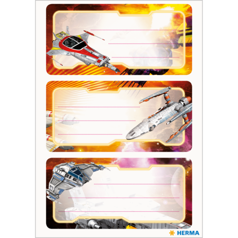 Drei Etiketten mit Raumschiffen in einem futuristischen Design, jeweils mit Platz für Text.