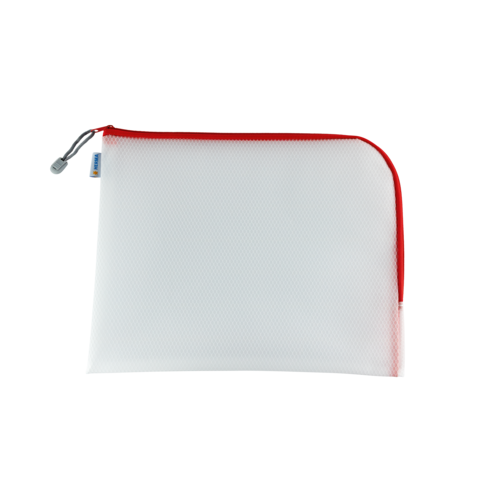 Weißer Reißverschlussbeutel mit rotem Rand, geeignet zur Aufbewahrung von Schreibwaren oder kleinen Gegenständen.