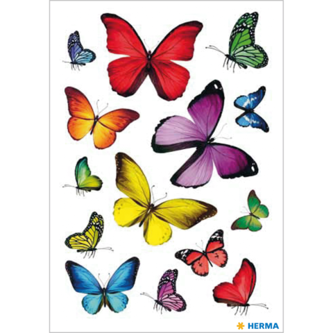 Bunte Schmetterlinge in verschiedenen Farben und Größen auf weißem Hintergrund, darunter rote, orange, gelbe, grüne und blaue Exemplare.