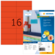 Rote Etiketten auf einem Bogen, mit der Aufschrift "16" und Informationen zu den Etiketten von Herma, einschließlich Anwendungshinweisen.