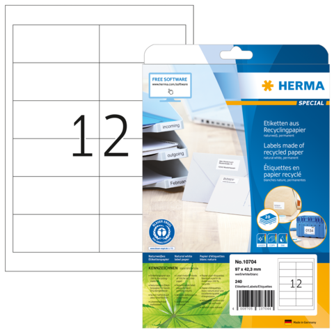 Etiketten aus Recyclingpapier in einer Packung mit 240 Stück, Größe 97 x 42,3 mm, mit der Nummer 12 auf der Vorderseite.