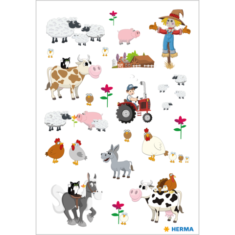 Bunte Illustrationen von Tieren auf einem Bauernhof, darunter Kühe, Schafe, Hühner, ein Traktor und ein Erntehelfer mit einer Vogelscheuche.