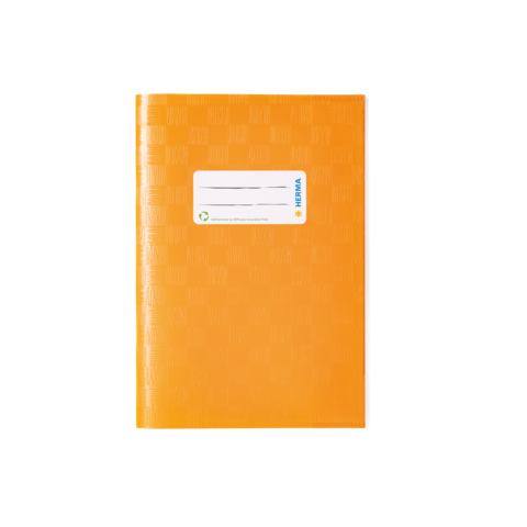 Ein orangefarbenes Notizbuch mit einem weißen Etikett auf der Vorderseite, das Platz für Beschriftungen bietet.