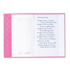 Ein offenes Notizbuch mit handschriftlichem Text über die kleine Hexe, der verschiedene Aktivitäten und Ereignisse beschreibt.