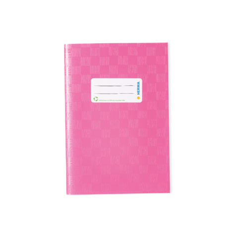 Rosa Notizbuch mit einem weißen Etikett auf der Vorderseite, das Platz für eine Beschriftung bietet.