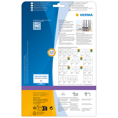 Rückseite einer Verpackung mit Informationen zu HERMA Produkten, einschließlich Softwarehinweis und Anleitungen zur Nutzung.