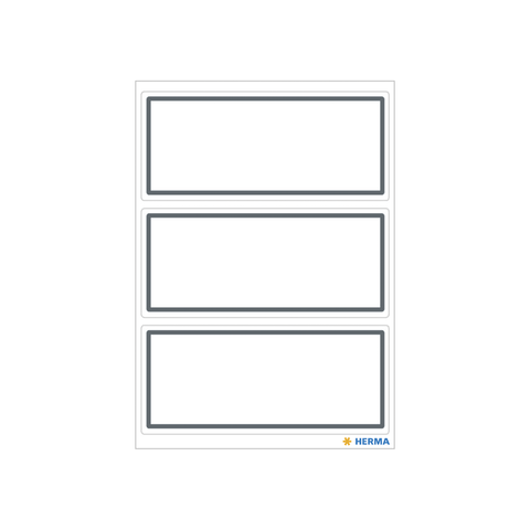 Drei leere Etiketten auf einem Bogen mit grauem Rahmen, geeignet für Beschriftungen oder Etikettierungen.