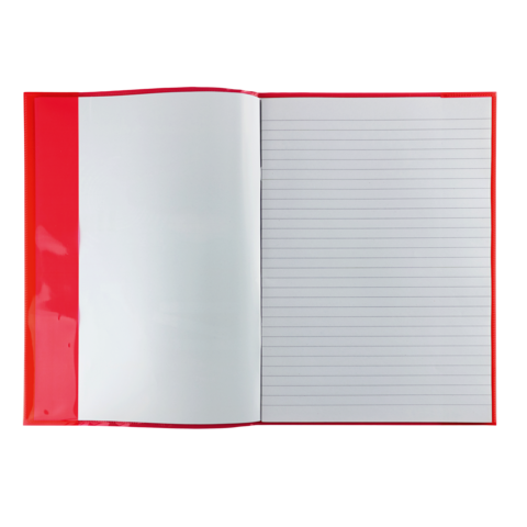 Ein offenes Notizbuch mit linierten Seiten und einem roten Einband. Die linke Seite ist leer, während die rechte Seite Linien zum Schreiben bietet.