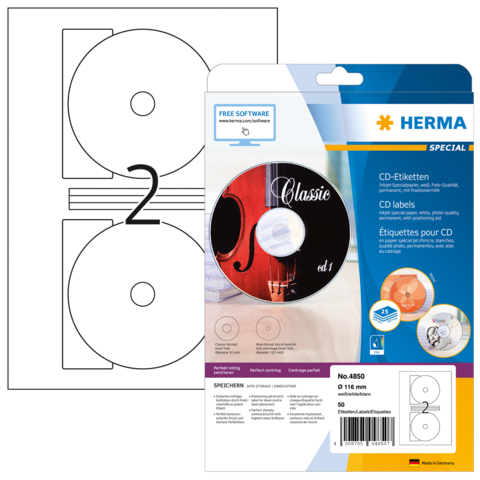 CD-Etiketten-Packung mit zwei Etiketten und einer CD-Abbildung. Enthält Informationen zu Software und Anwendungshinweisen.