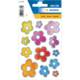 Bunte Blumensticker in verschiedenen Größen und Farben, auf einer Verpackung angeordnet. Enthält gelbe, pinke, orange und blaue Blumen.