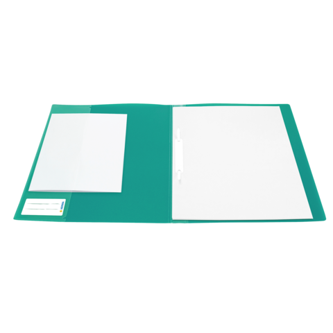 Ein grüner Ordner mit einer transparenten Hülle auf der linken Seite und zwei leeren Seiten im Inneren.