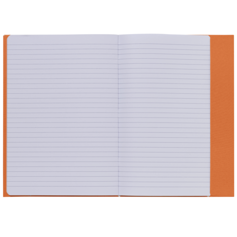 Ein offenes Notizbuch mit linierten Seiten und einem orangefarbenen Einband.