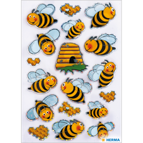 Bunte Aufkleber von Bienen, einem Bienenstock und Honigwaben in verschiedenen Posen und Größen.