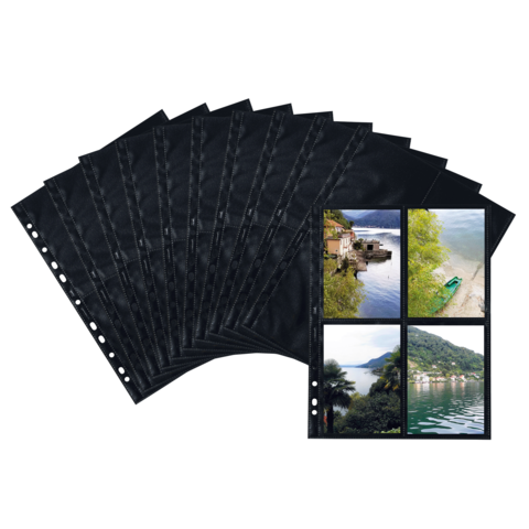 Schwarze Fotohüllen mit mehreren Fächern, die vier Landschaftsaufnahmen zeigen, darunter Wasser, Berge und Pflanzen.