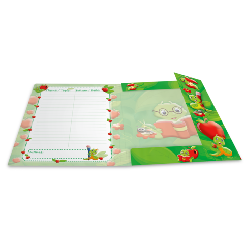 Ein offenes Notizbuch mit bunten Illustrationen von niedlichen Insekten und Herzen, mit leeren Seiten für Notizen.