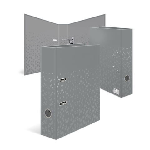 Graue, geometrisch gemusterte Boxen mit Öffnungen, die für die Aufbewahrung oder Präsentation von Objekten geeignet sind.