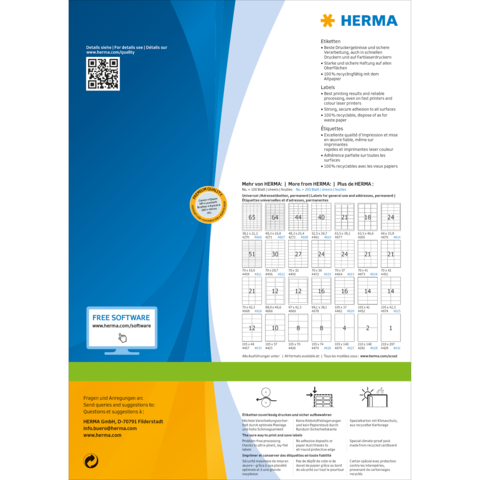 HERMA-Produktübersicht mit QR-Code, Informationen zu Etiketten, Software und einem Kalender für 2023.