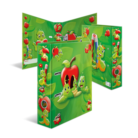 Bunte Ordner mit cartoonhaften Insekten und Äpfeln auf grünem Hintergrund, ideal für Kinder.