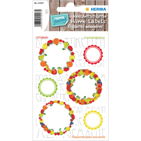 Bunte Aufkleber mit Obst- und Gemüse-Motiven für Deckel, in verschiedenen Formen und Farben, zur Kennzeichnung von Behältern.