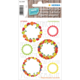 Bunte Aufkleber mit Obst- und Gemüse-Motiven für Deckel, in verschiedenen Formen und Farben, zur Kennzeichnung von Behältern.