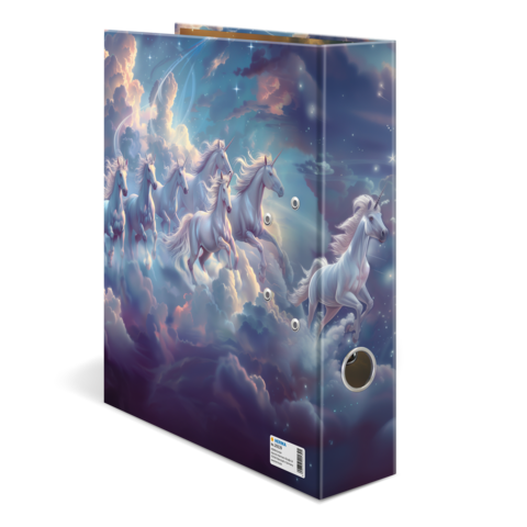 Ein Ordner mit einer fantasievollen Darstellung von weißen Einhörnern, die durch eine wolkige, traumhafte Landschaft galoppieren.