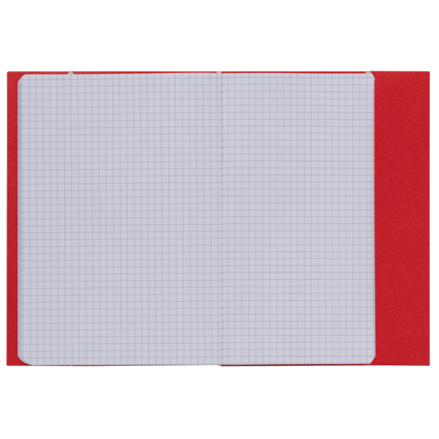 Ein offenes kariertes Notizbuch mit rotem Einband, das leere Seiten zeigt.