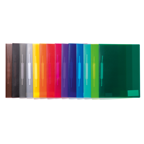 Bunte, transparente Ordner in einer Reihe, angeordnet von Schwarz über verschiedene Farben bis Grün, mit einem einheitlichen Design.