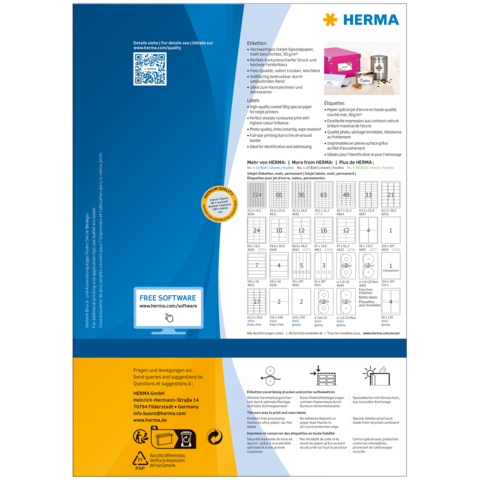 HERMA Produktinformationen mit QR-Code, Software-Hinweisen und Anleitungen zur Verwendung von Etiketten. Enthält eine Tabelle mit Etikettengrößen.