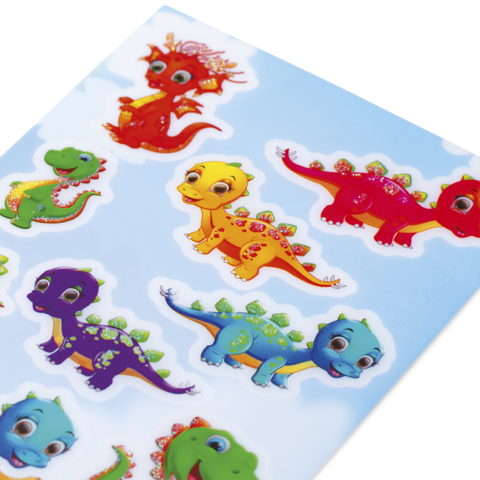 Bunte Dinosaurier-Sticker in verschiedenen Farben und Designs auf einem hellblauen Hintergrund.