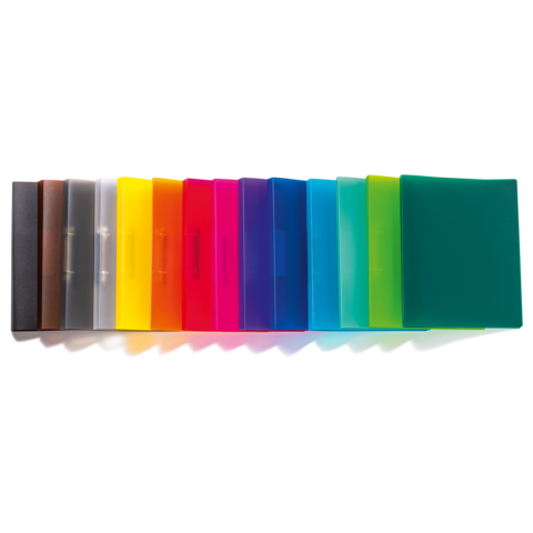 Eine Reihe von farbigen Ordnern in verschiedenen Tönen, angeordnet von links nach rechts, einschließlich Schwarz, Grau, Gelb, Pink und Grün.