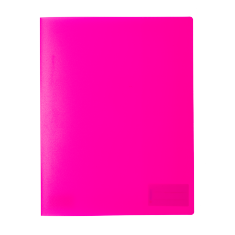 Ein leuchtend pinkfarbener Ordner mit einer glatten Oberfläche und einer kleinen, unbeschrifteten Fläche in der unteren rechten Ecke.