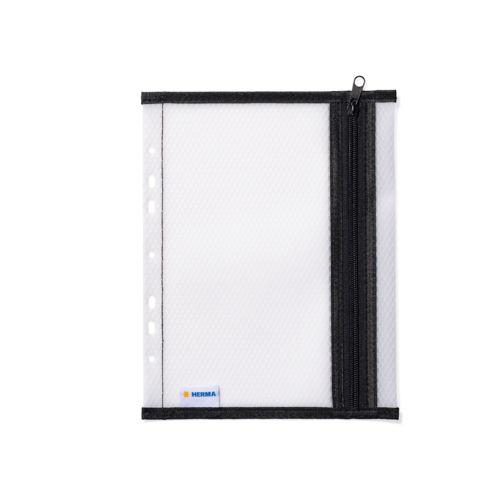 Ein transparenter Ordner mit Reißverschluss und schwarzen Kanten, geeignet für die Aufbewahrung von Dokumenten oder Blättern.