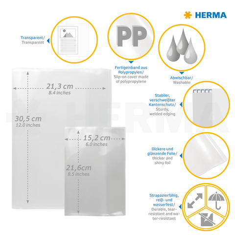 Transparante polypropyleen hoezen in twee maten, afwasbaar, stevig en scheurvast, met informatie over afmetingen en eigenschappen.