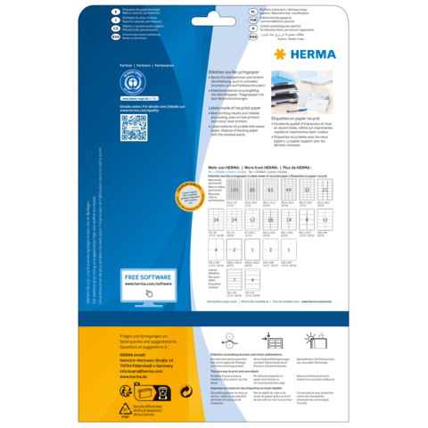 Rückseite einer Verpackung für Etiketten von HERMA, mit Informationen zu Software, Recycling und Anwendungshinweisen.