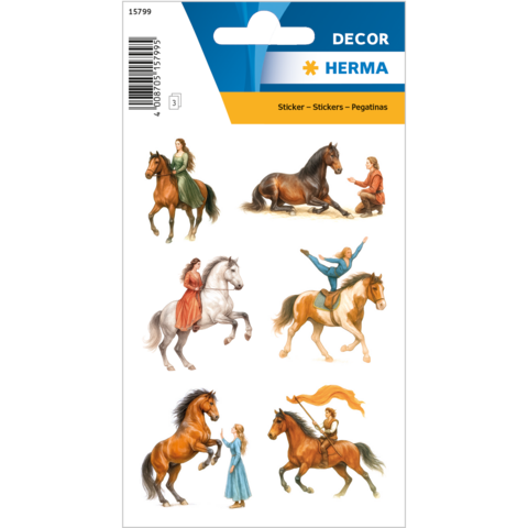 Stickers met verschillende ruiter- en paardmotieven, inclusief mensen die met paarden omgaan en verschillende poses aannemen.