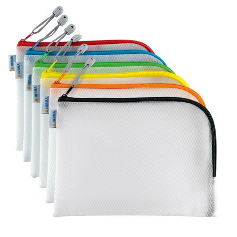 Bunte Reißverschlusstaschen in verschiedenen Farben, angeordnet von links nach rechts, mit einem transparenten Netzdesign.