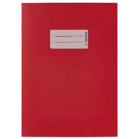 Rotes Heft mit einem weißen Etikett, das Platz für Beschriftungen bietet. Das Etikett trägt das Logo "HERMA".