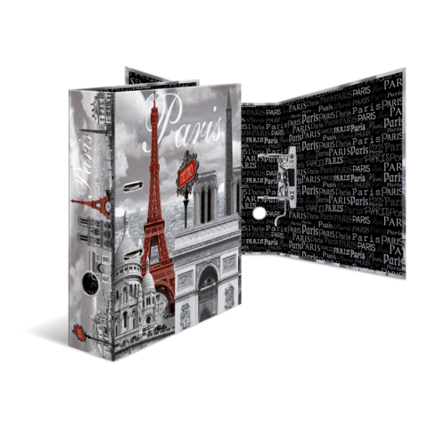 Ein Ordner mit Paris-Motiv, der den Eiffelturm und die Architektur der Stadt zeigt, innen mit wiederholtem "Paris"-Text gestaltet.