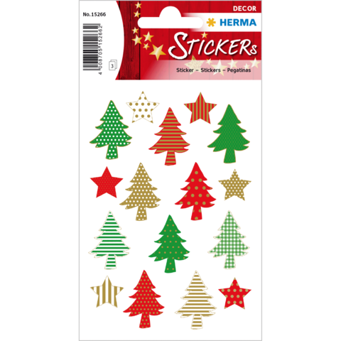 Weihnachtliche Aufkleber mit verschiedenen Tannenbäumen und Sternen in Rot, Grün und Gold auf einem dekorativen Hintergrund.