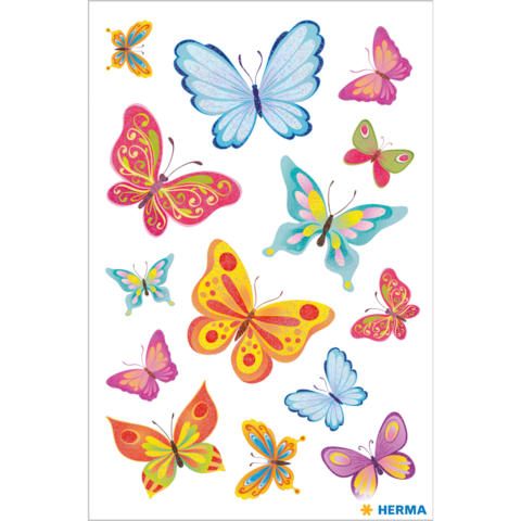 Bunte Schmetterlingsaufkleber in verschiedenen Farben und Designs, angeordnet auf einem weißen Hintergrund.