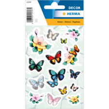 Fleurige stickers met verschillende vlinders en bloemenmotieven op een lichte achtergrond.