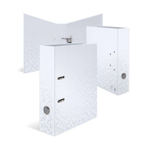 Weiße, geometrisch gemusterte Boxen mit Anschlüssen, die in verschiedenen Winkeln angeordnet sind.