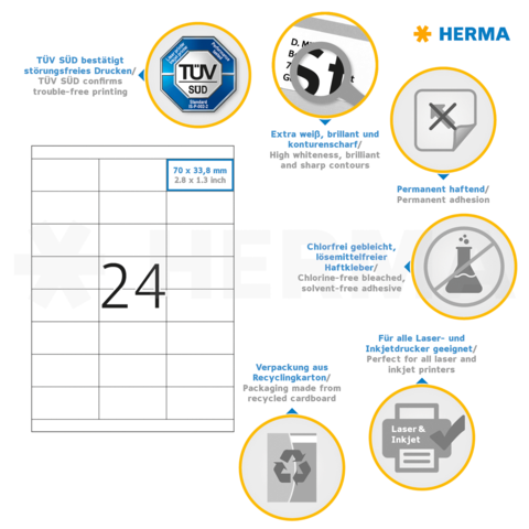 Etiketten mit den Maßen 70 x 33,8 mm, permanent haftend, geeignet für Laser- und Inkjetdrucker, umweltfreundliche Verpackung.