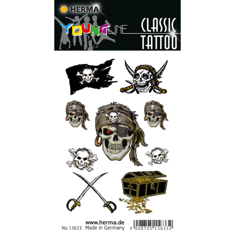 Tattoo-Aufkleber mit verschiedenen Motiven, darunter Totenköpfe, Schwerter und eine Schatzkiste.