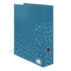 Blauer Ordner mit einem geometrischen Muster aus kleinen Dreiecken, der an der Seite zwei Ringe und eine Etikettierung hat.
