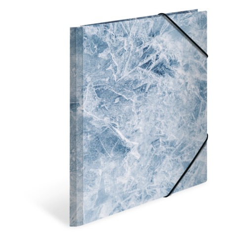 Ein blauer Ordner mit einer transparenten, marmorierten Oberfläche und einem schwarzen Gummiband zur Sicherung.