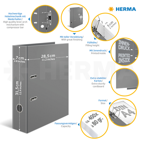 Grijze map met hefmechanisme, binnen- en buitenbedrukking, capaciteit voor tot 400 A4-bladen, afmetingen: 31,5 cm x 28,5 cm x 7 cm.