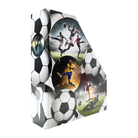 Eine Box mit Fußballmotiven, die Spieler in Aktion zeigt, umgeben von Fußballen und dynamischen Szenen des Spiels.