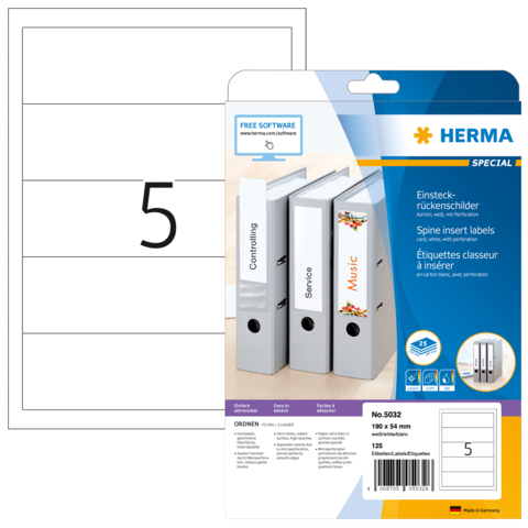 Rückenschilder für Ordner mit der Nummer 5, verpackt in einer Blisterverpackung. Enthält Etiketten für die Beschriftung.