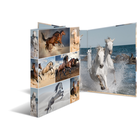 Ein Fotobuch mit verschiedenen Bildern von Pferden, die in unterschiedlichen Umgebungen laufen und spielen.